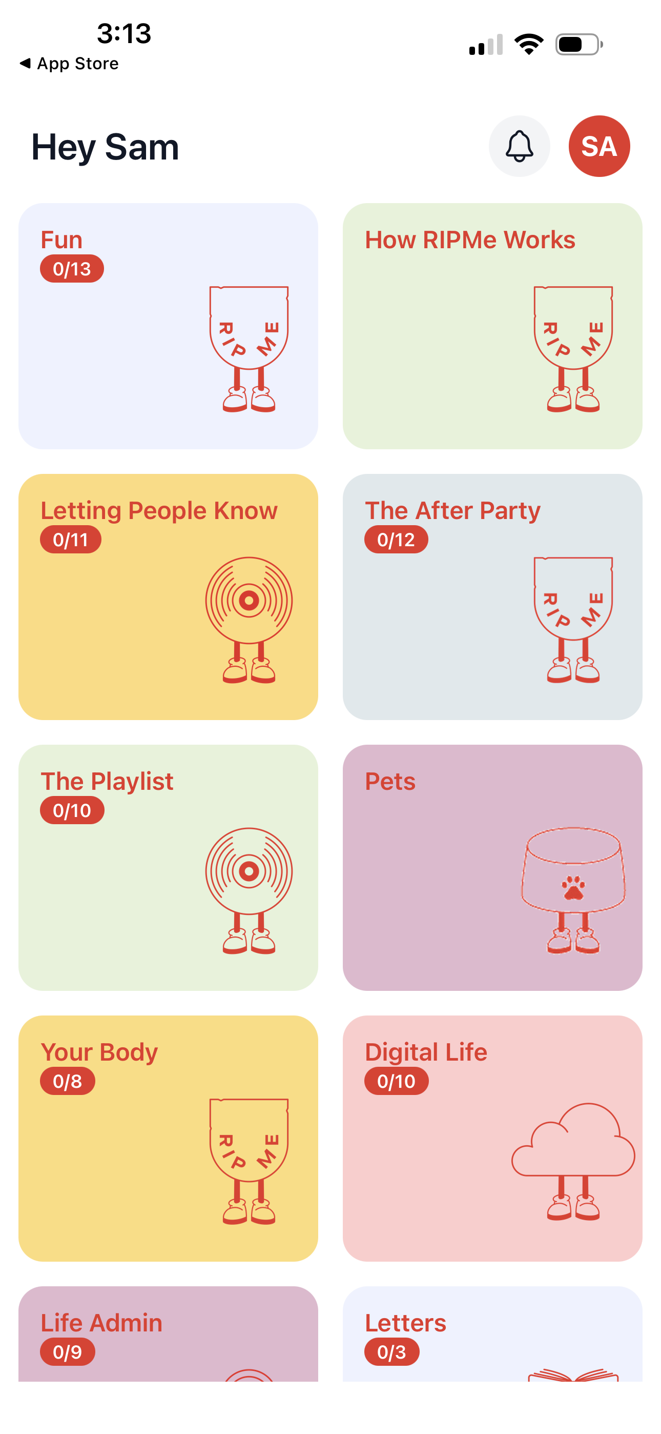 The RIPMe app home screen showing categories like Fun, The After Party, The Playlist, Pets and Digital Life, each with progress and the RIPMe character